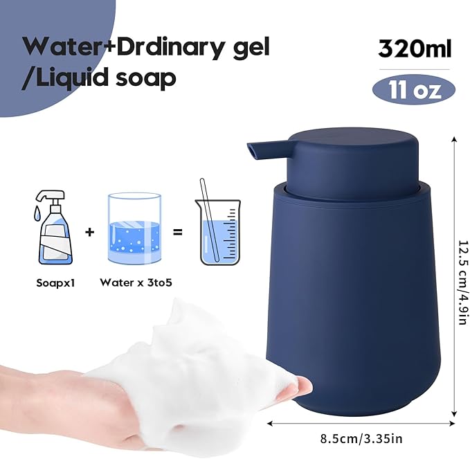 YAUKPH Matte Navy Blue Foaming Hand Soap Dispenser Plastic 11 oz - Modern Minimalist Style for Bathroom & Kitchen Countertop Refillable