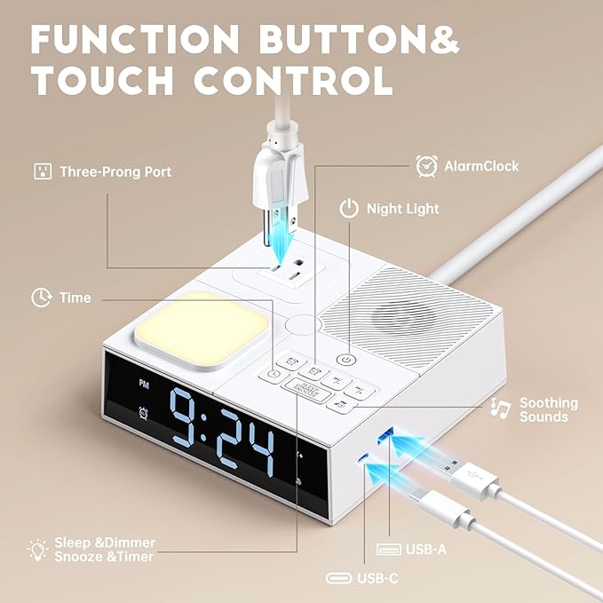 White Noise Sound Machine with Dual Alarm Clock - Soft Night Light 41 Non Looping Sounds USB Port Charger 3 Timers Memory Function 31 Adjustable Volume Sleep Sound Machine for Adult & Home Bedroom