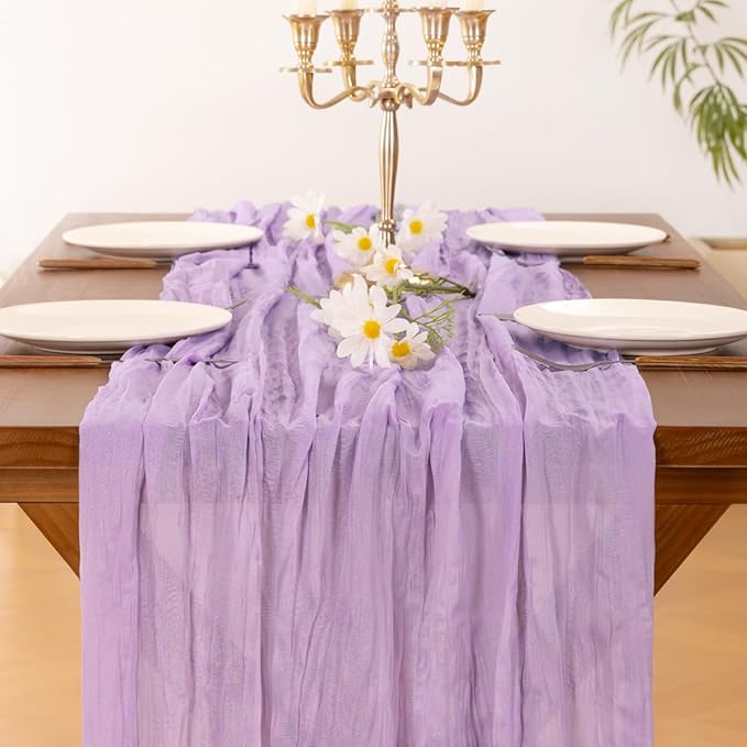 Socomi 6pcs Lilac Purple Lavender Cheesecloth Table Runner Easter Spring Boho Rustic Gauze 120 inch 10FT Cheese Cloth Runner for Wedding Party Baby Shower Birthday Home Decor Holiday Decorations