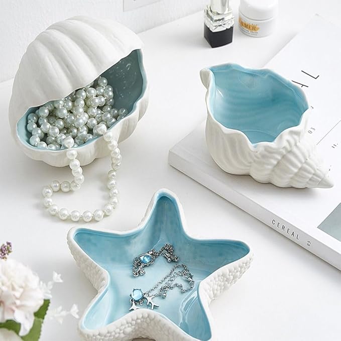 1 Pcs Conch Shape Ceramic Jewelry Tray, Multi-purpose Lovely and Luxurious Home Marine Decor, Ocean Style Earrings Necklace Storage for Rings, Watch, Key