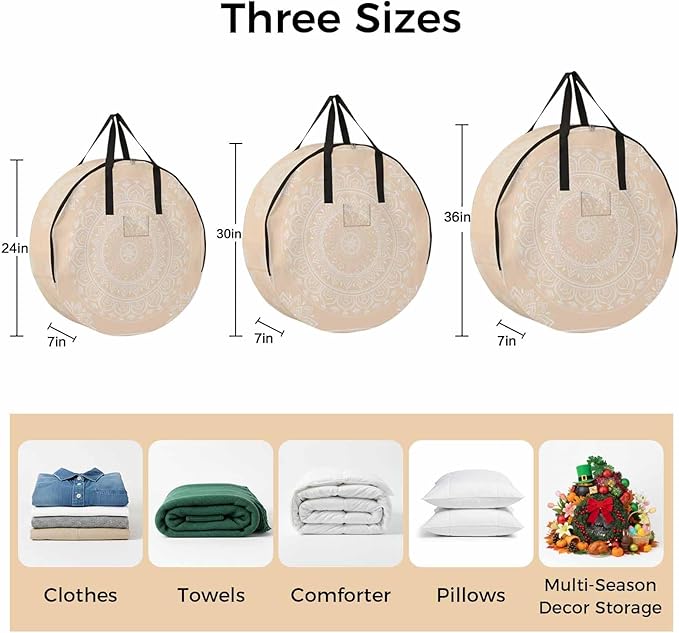 Storage Bag Cream Boho Round Storage Totes Bins Closet Organizers with Zippers & Handle Gorgeous Bohemian Flower Clothes Storage Container for Bedroom Dorm Space Saving Packing Supplies Moving Bags