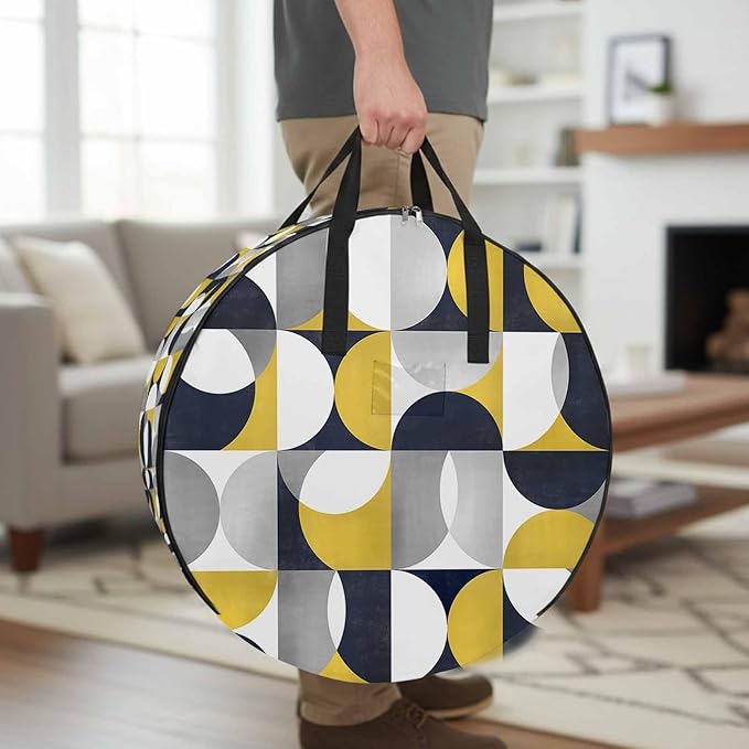 Storage Bag Mid Century Geometric Round Storage Totes Bins Closet Organizers with Zippers & Handle Abstract Modern Yellow Clothes Storage Container for Bedroom Dorm Space Saving Packing Supplies Bags