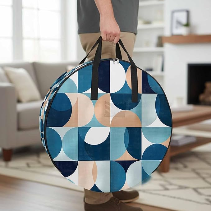 Storage Bag Mid Century Geometric Round Storage Totes Bins Closet Organizers with Zippers & Handle Abstract Modern Blue Clothes Storage Container for Bedroom Dorm Space Saving Packing Supplies Bags