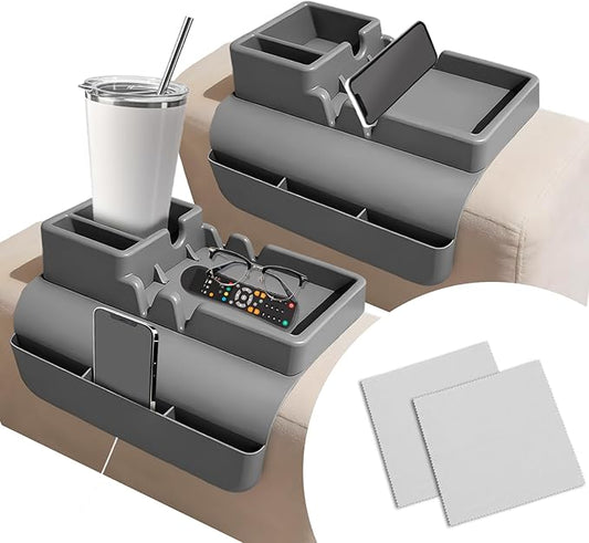 2PCS Couch Cup Holder Tray, Silicone Sofa Armrest Tray with Side Pockets, Anti-Slip Couch Arm Organizer Storage for Cell-Phone Tablet or Snack Remotes (Gray)