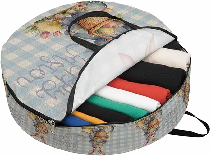 30 Inch Round Storage Bag 1 Pack,Happy Easter Rabbit Egg Basket Waterproof Wreath Storage Container with Handles&Zipper Flower on Blue Checker Closet Organizer Bags Garland Box