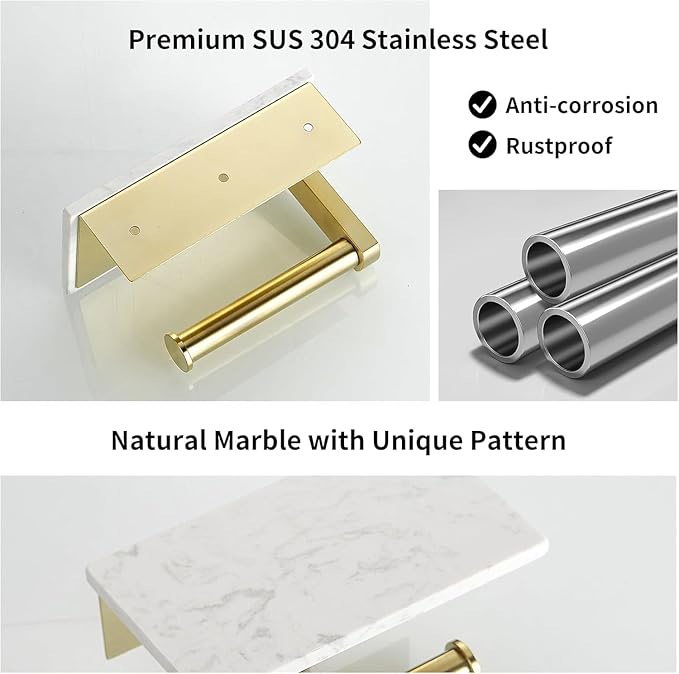 BWE Brushed Gold Toilet Paper Holder with Marble Shelf, Toilet Paper Roll Holder Wall Mounted, Toilet Paper Roll Holder with Phone Shelf 304 Stainless Steel Tissue Holder for Bathroom Washroom