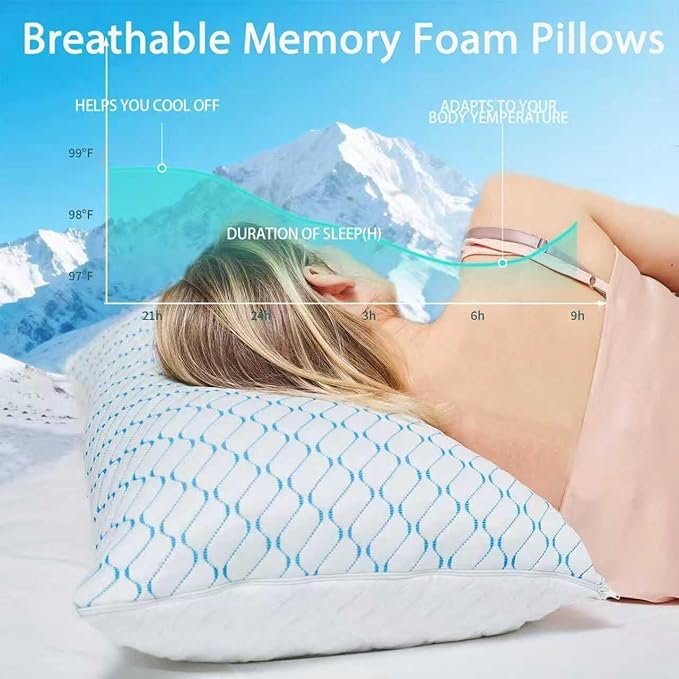 VAINOC Memory Foam Pillows Standard Size Set of 2, Adjustable Cooling Firm Pillow for Side Back Stomach Sleepers with Washable Removable Cover