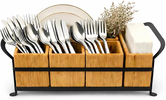 Bamboo Utensil Caddy with Handle - 5 Compartment Silverware Holder for Party & Kitchen Countertop - Removable Wooden Flatware Organizer for Picnic, BBQ, Buffet, RV & Outdoor Dining