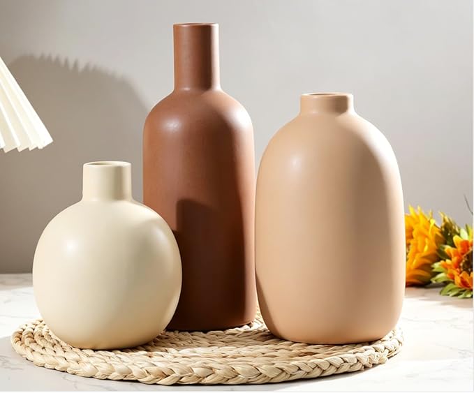 Ceramic Vase Set of 3, Brown Large Rustic Vases for Farmhouse Decor, Pampas Grass & Dried Flowers and Table Living Room Home Decor