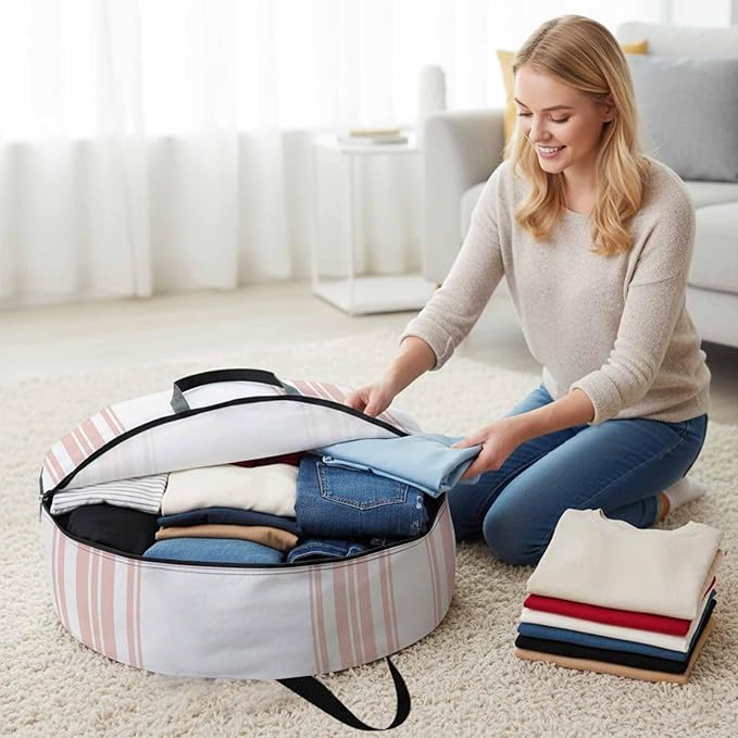 Storage Bag Pink Stripes Round Storage Totes Bins Closet Organizers with Zippers & Handle Simple Style Clothes Storage Container for Bedroom Dorm Space Saving Packing Supplies Moving Bags