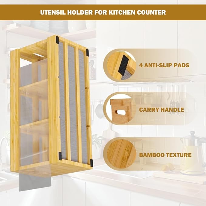 Utensil Holder for Kitchen Counter,Large Utensil Holder with Absorbing Drying Stone Mat,Bamboo Utensil Organizer with 6 Compartments,Silverware Caddy&Cooking Utensil Organizer for Kitchen Decor