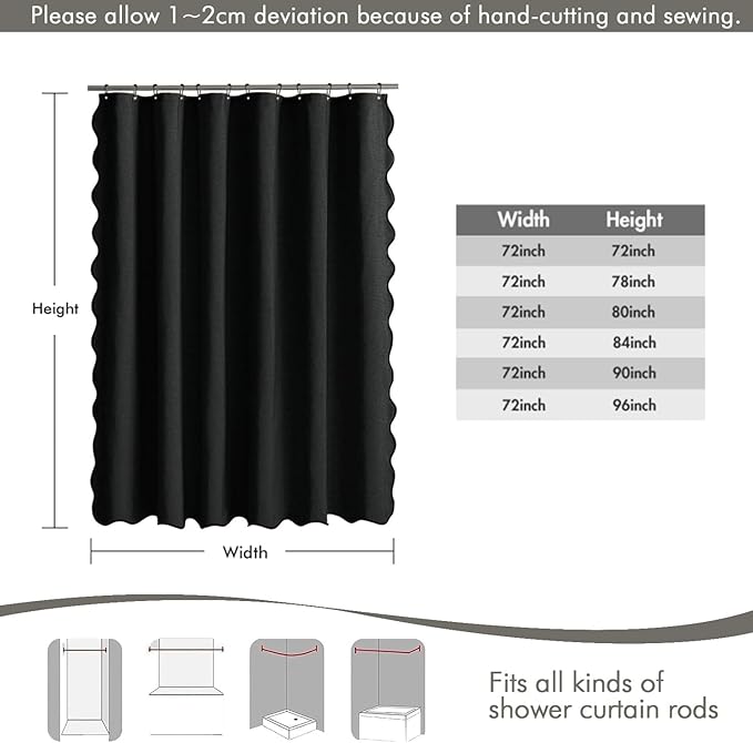 MIULEE 84" Long Scalloped Shower Curtain Linen Textured with 12 Metal Hooks Cute Extra Long Heavy Duty Washable Waterproof Cloth Halloween Shower Curtains with Black Border for Bathroom Hotel,Black