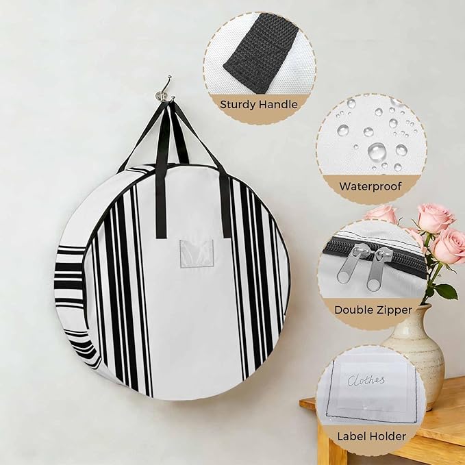 Storage Bag Black Stripes Round Storage Totes Bins Closet Organizers with Zippers & Handle Simple Style Clothes Storage Container for Bedroom Dorm Space Saving Packing Supplies Moving Bags