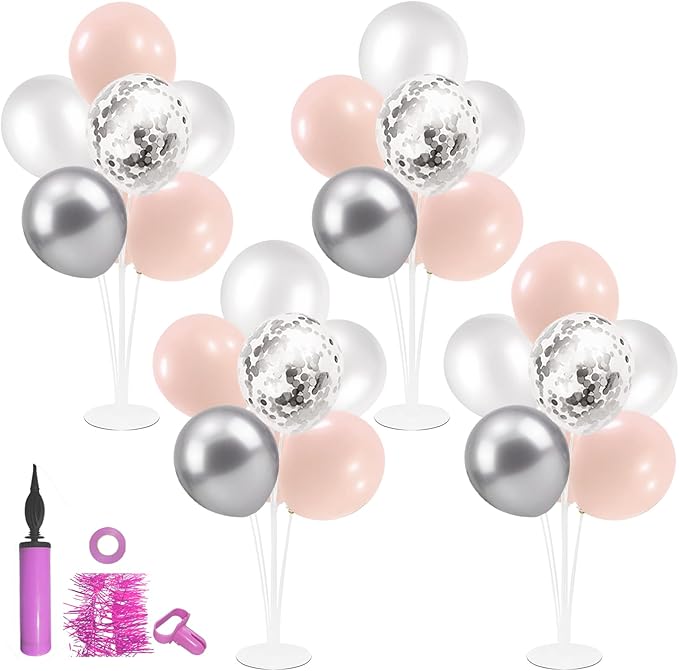 ZJDHPTY Pink and Silver Balloon Stand Centerpiece Table Decorations for Baby Shower Wedding Engagement Bridal Shower Anniversary Mother's Day Birthday Party Decorations(Pink silver set4)