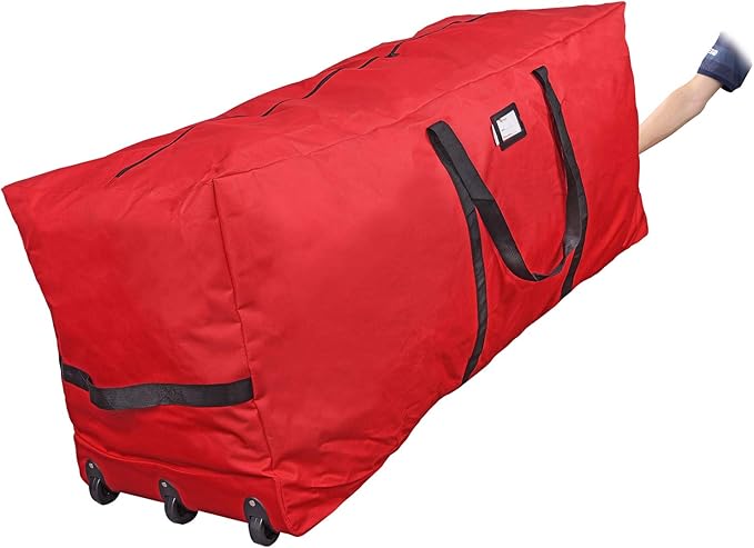 ProPik Christmas Rolling Tree Storage Bag, Fits Up to 9 Ft Tall Disassembled Trees, 28" X 16.5" X 60", Extra Large Heavy Duty Storage Container with Wheels & Handles, 600D Oxford (Red)