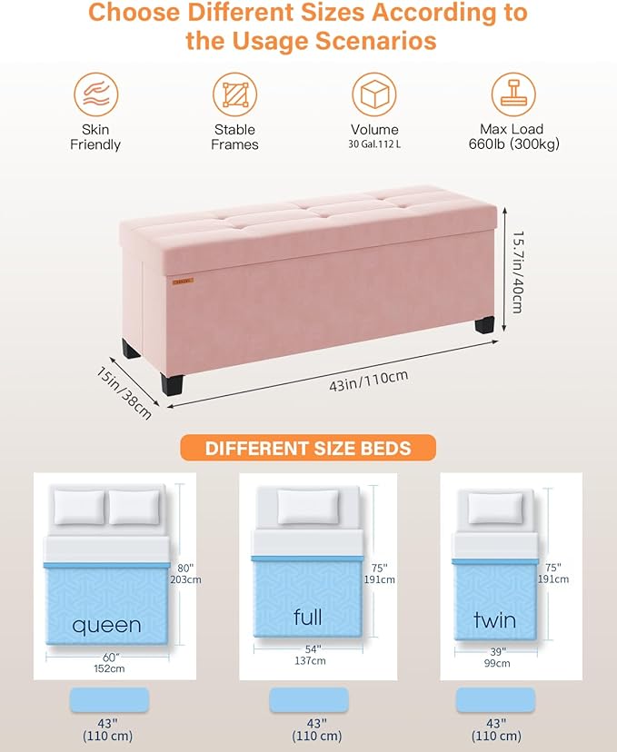 ABHENG Foldable Storage Ottoman Bench, Velvet Footrest and Seat Cube with Feet, Storage Chest, for Living Room, Bedroom and Office, 15 x 43 x 15.7 Inches, Jelly Pink, ASND24P