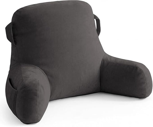 Unisakey Portable Comfy Reading Pillows for Bed Sitting Up(Light Grey Oeko-Tex), Velvet Back Pillow with Arms & Pockets for Adults, Support Memory Foam Bed Pillow for Dorm/Reading/Watching/Gaming