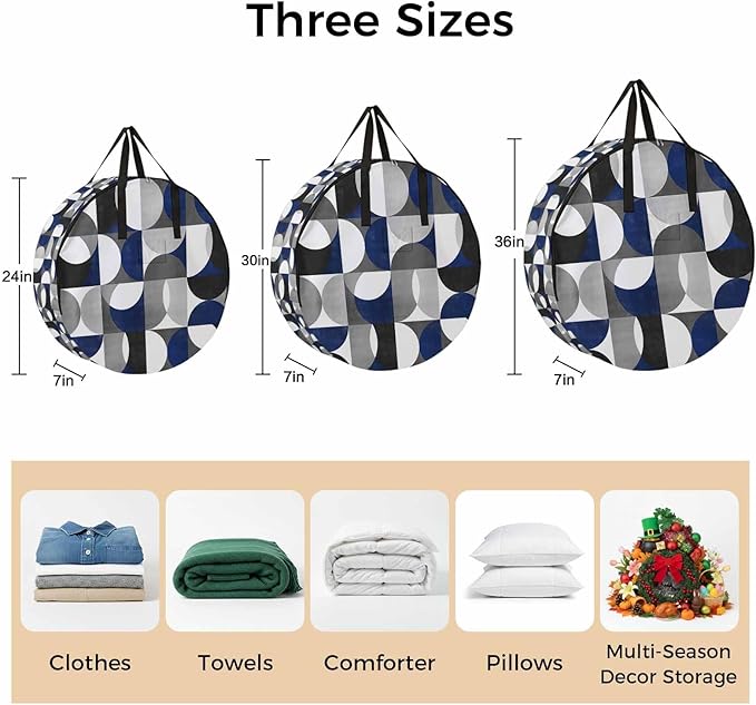 Storage Bag Modern Blue Gray Geometric Round Storage Totes Bins Closet Organizers with Zippers & Handle Abstract Mid Century Clothes Storage Container for Bedroom Dorm Space Saving Packing Supplies