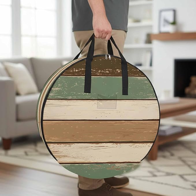 Retro Round Storage Bag 30 Inch, Brown Green Stripe Antique Wood Background Clothes Storage Container with Handles Heavy Duty Organizer for Comforter, Bedding & Holiday Wreaths