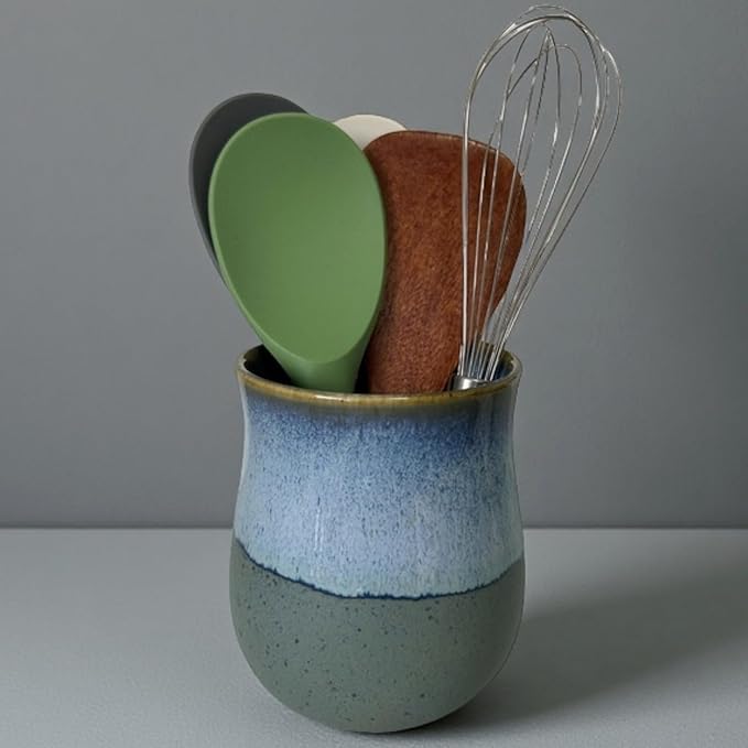 Short Kitchen Utensil Holder for Kitchen Counter, Ceramic Small Utensil Crock & Vase & Holder for Cutlery Spatula Brush Silverware Cooking Utensil Holder (Retro Sea Blue)