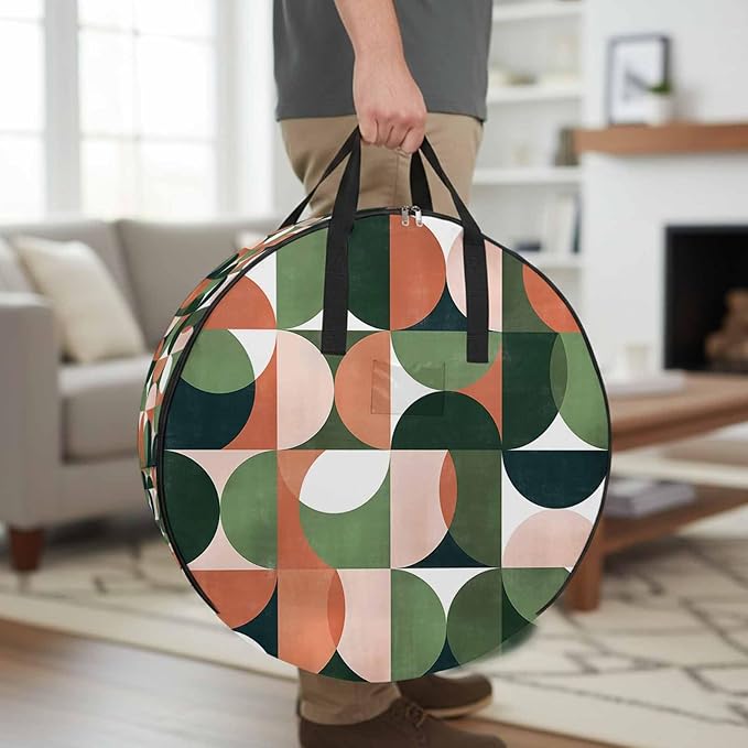 Storage Bag Mid Century Geometric Round Storage Totes Bins Closet Organizers with Zippers & Handle Abstract Modern Green Orange Clothes Storage Container for Bedroom Dorm Space Saving Packing Supplies