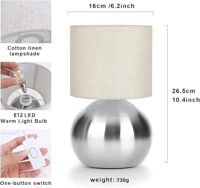 Modern Silvery Small Table Lamp with Cotton Linen Shade, 10.4-inch LED Desk Light, One-Button Switch for Bedroom, Living Room, Nightstand, Includes Warm Light Bulb