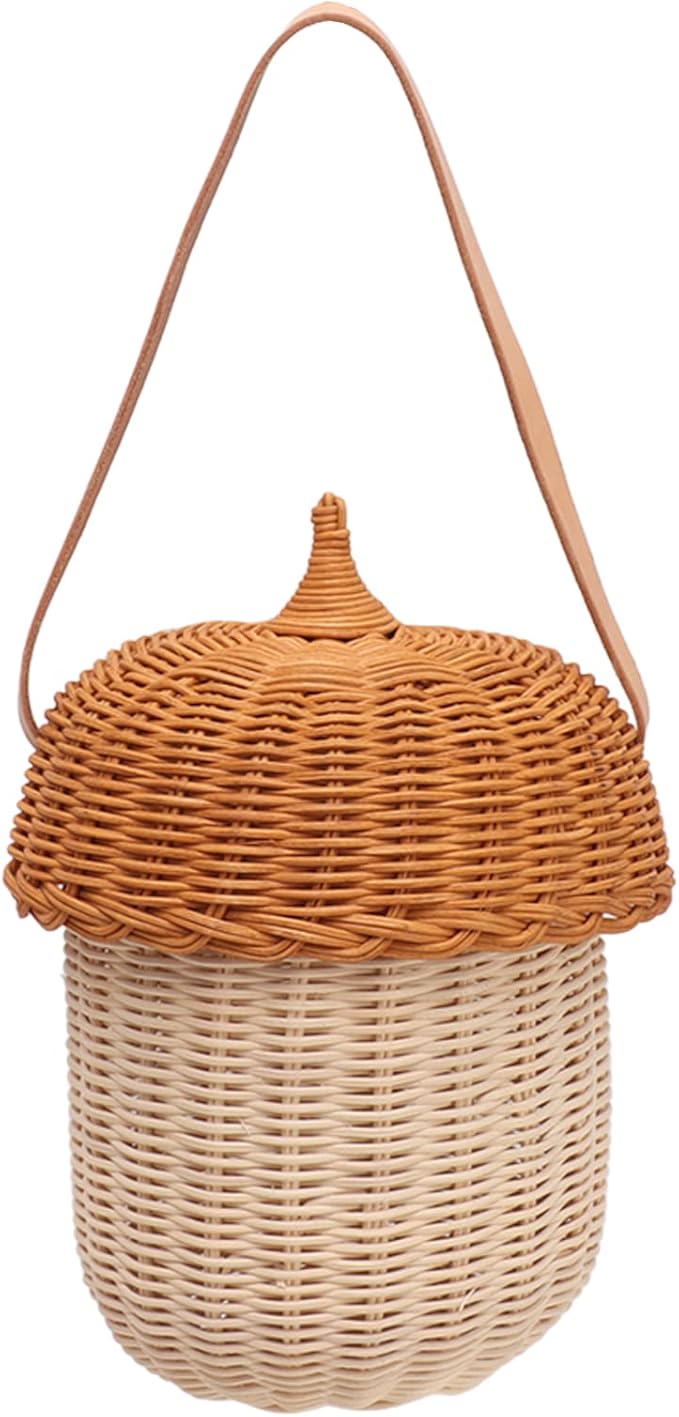 Hanging Baskets Rattan Storage Basket Handmade Photography Props Acorn Shaped Home Decorative for Girls Rattan Basket Bag Kids (Large Handbag)