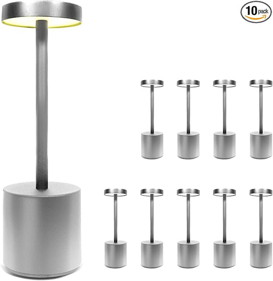 10 Pack - Silver Rechargeable Cordless Table Lamps, Portable LED Desk Lamps, Dimming 5000mAh Rechargeable Battery Powered LED Lighting for Restaurant,Bar, Bedroom, Outdoor, Party