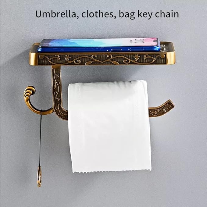 Vintage Carved Floral Toilet Paper Holder with Shelf - Antique Brass Finish Aluminum Bathroom Organizer, Wall Mounted Decorative Roll Holder for Bathroom/Vanity (7.24" Phone Shelf)