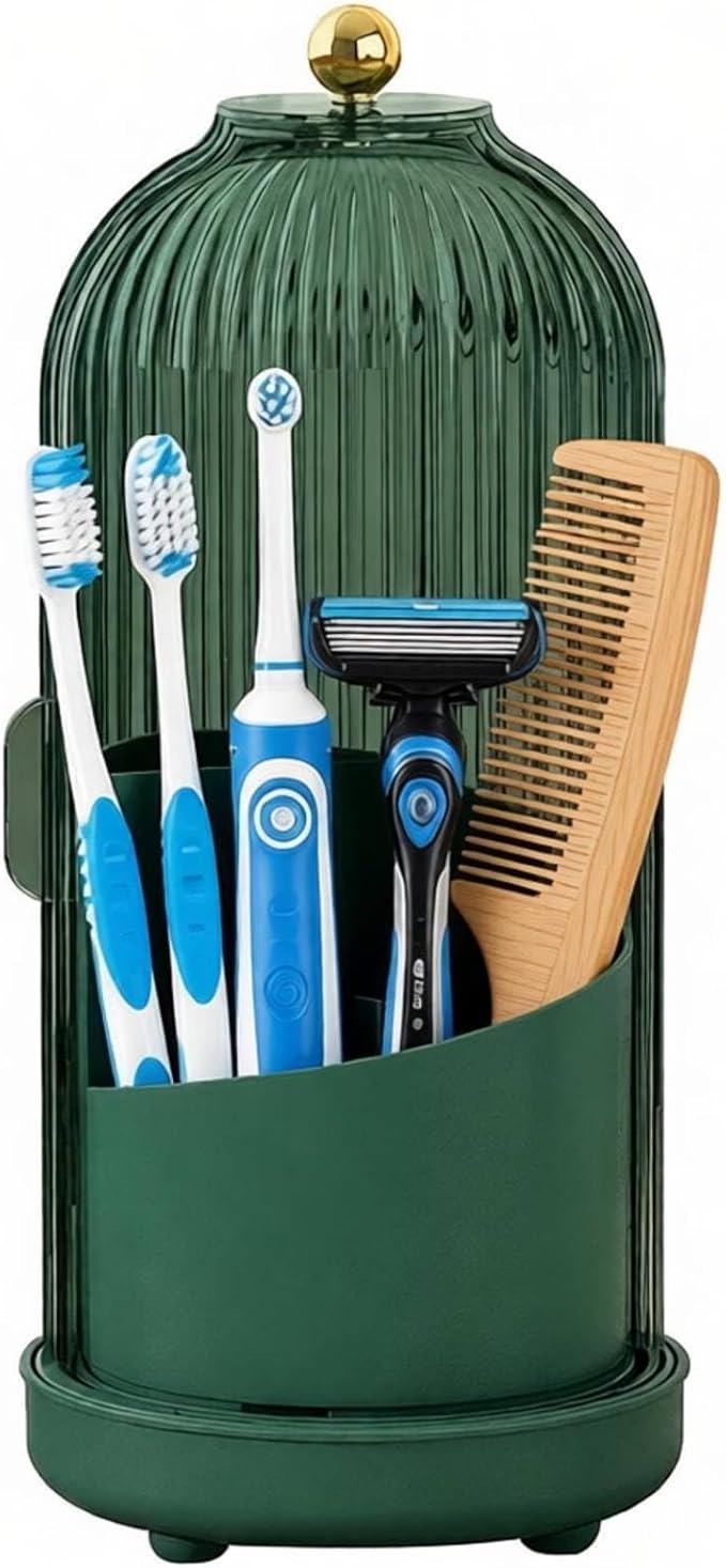 JEESA Toothbrush Holder Organizer, with Drainage Holes, with Dustproof Cover, 360 Rotating, 3 Slots, for Bathroom Countertop, Green