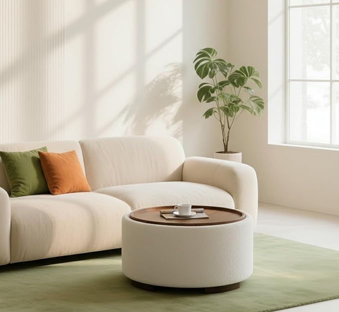 29.5 Inch Round Storage Ottoman Coffee Table,Modern Circle Coffee Table with Storage with Removable Lid Top and Solid Wood Legs,Large Round Ottoman for Bedroom,Living Room,Teddy Fleece,Beige