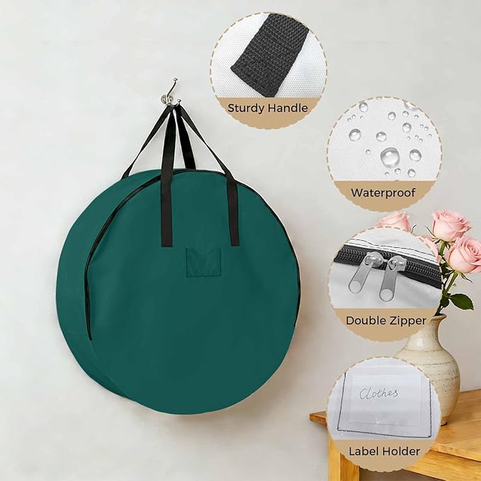 30 Inch Round Storage Bag 1 Pack,Minimalist Solid Aventurine Green Waterproof Wreath Storage Container with Handles&Zipper Pure Plain Single Color Closet Organizer Bags Garland Box