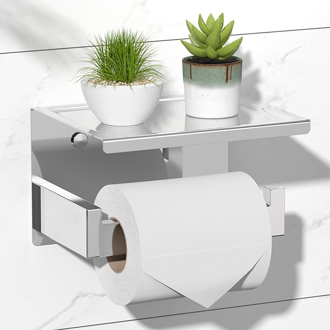 HITSLAM Toilet Paper Holder with Shelf, Stick on Chrome Tissue Roll Holder Self Adhesive or Wall-Mount with Storage Shelf for Bathroom