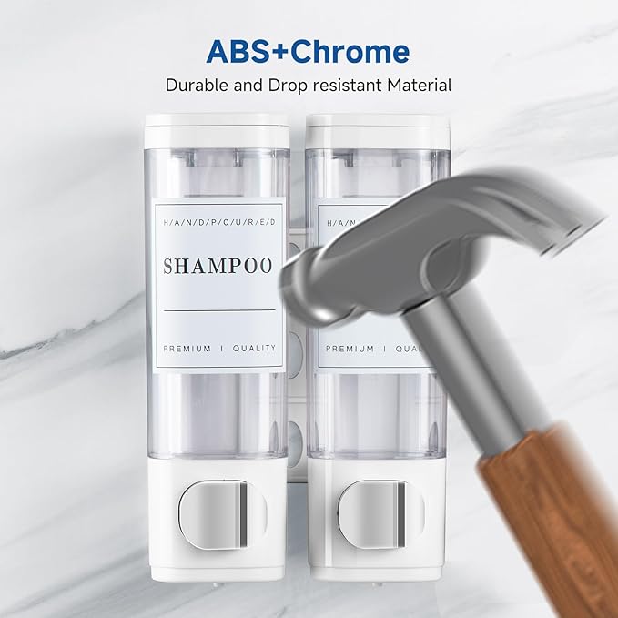 Shampoo and Conditioner Dispenser Bathroom Shower Soap Dispenser Wall Mounted Shampoo Dispenser for Shower Wall No Drill 2 * 300ml White 2 Chamber with Waterproof Labels