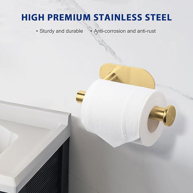 Toilet Paper Holder, Self Adhesive Toilet Paper Roll Holder No Drilling Wall Mount for Kitchen, Bathroom, Toilet, Brushed Gold Stainless Steel