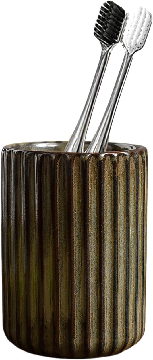 Ceramic Toothbrush Holder for Bathroom, Ceramic Toothbrush Cup, Toothpaste Organizer for Bathroom Countertop, Bathroom Storage Organizer, Kiln Transformation Cup (Deep Green)