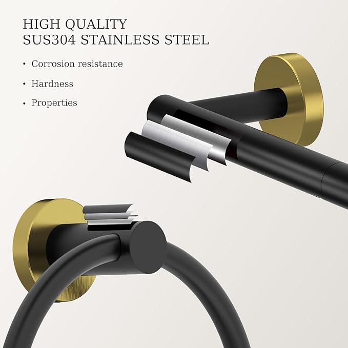 Black and Gold Toilet Paper Holder & Towel Holder, Bathroom Hardware Set-SUS304 Stainless Steel Double Post Pivoting Tissue Roll Holder and Hand Towel Ring Set for Bathroom, RV