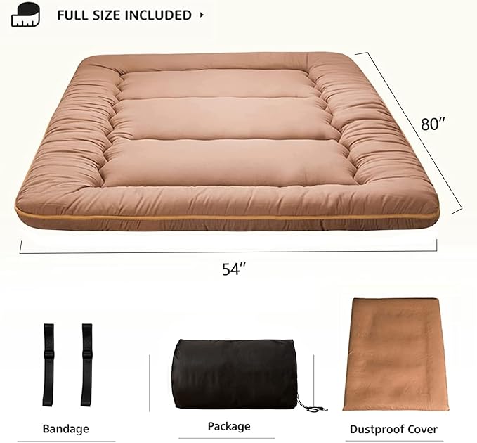 MAXYOYO Japanese Floor Mattress Futon Mattress, Thicken Tatami Mat Sleeping Pad Foldable Roll Up Mattress Boys Girls Dormitory Mattress Pad Kids Floor Lounger Cushion, Light Brown, Full
