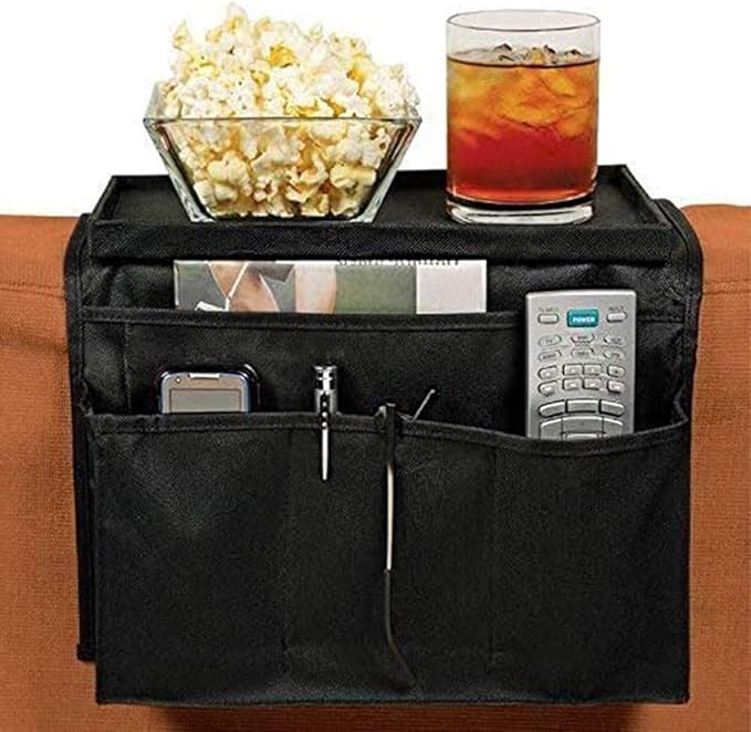 Sofa Armrest Organizer, Couch TV Remote Storage Organizer with Pockets for Recliner Armchair Snacks Glasses Smartphone Magazines Pouch (Black)