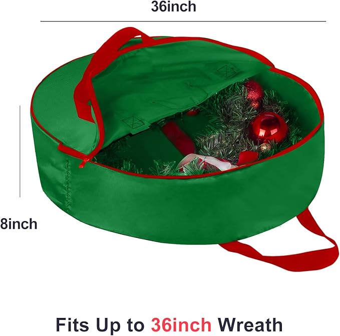 TQS 36" Christmas Wreath Storage Bag - Christmas Large Wreath Storage Container 36 inch- Heavy Duty Reinforced Wide Handle and Double Sleek Zipper - Protect Your Party Decorations Garland - Green