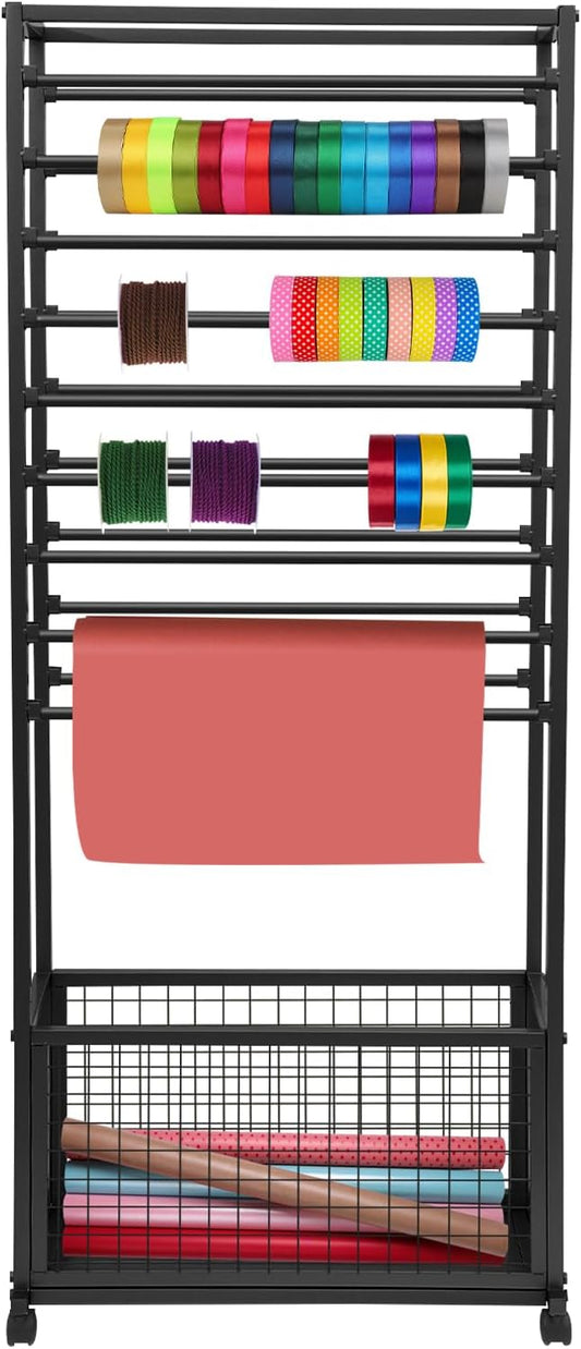 Mobile Ribbon Holder Double-Sided Ribbon Organizer Rack with 20 Hanging Rods Multifunctional Flower Wrapping Paper Storage Stand with Lockable Wheels Wrapping Paper Rack (26.38*12.6*66.93in, Black)