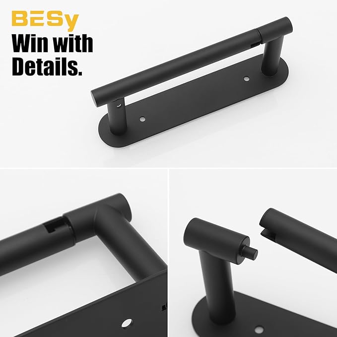 BESy Adhesive or Screw Toilet Paper Holder Wall Mount Rustproof Modern Roll Holder Flexible Pivoting Adjustable Tissue Handle with Self Adhesive or Mounted with Screws Stainless Steel Matte Black