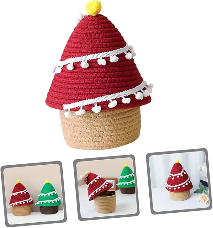 Hemobllo Christmas Tree Woven Cotton Rope Basket with Lid Decorative Sundries Storage Container for Living Bedroom and Bathroom Organization Cute Nordic Style Red Holiday Organizer