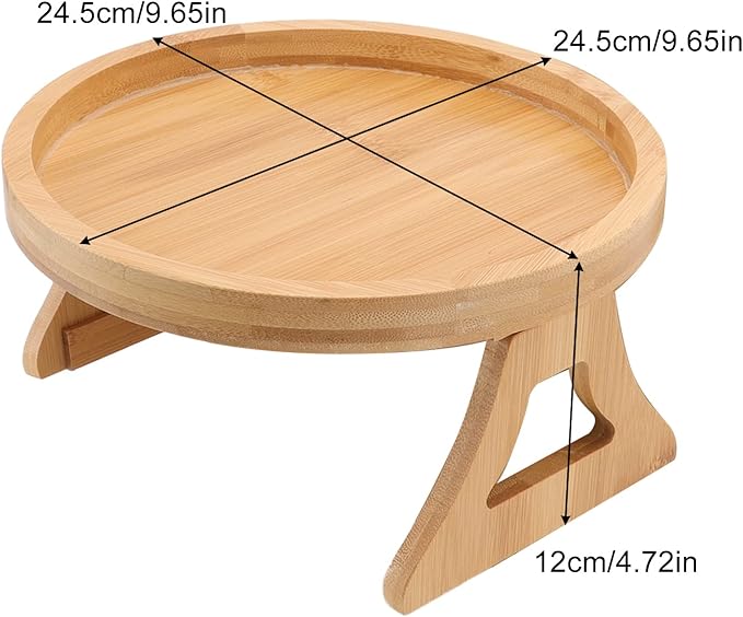 Tissting Wood Round Sofa Tray 9.65in x 4.72in - Clip on Side Table with Foldable Leg for Coffee, Tea, Snacks, Remote Controls, Living Room, Apartment, Dorm