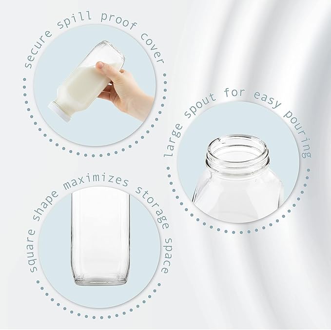 kitchentoolz 16oz Square Glass Milk Bottle with Lid - Airtight Vintage Reusable Dairy Drinking Jars Containers for Milk, Yogurt, Smoothies, Juice, Kefir, & Water (Pack of 6)