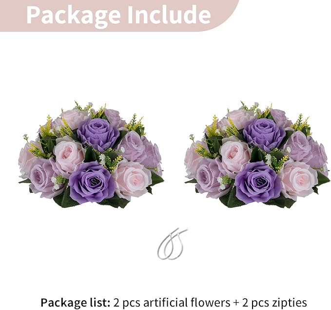 NUPTIO Artificial Flower Ball Centerpieces: Lilac & Purple & Pink Rose Arrangements for Wedding Party Tables - 2 Pcs Faux Silk Floral DIY Kissing Balls for Home Event Dining Decorations