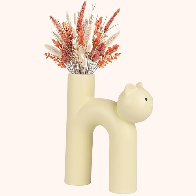 Cat Vase for Flowers, Ceramic Cat Decor for Home, Minimalist Flower Vase for Dried Flowers & Pampas Grass, Cat Lover Gifts for Women, Cat Mom Gifts, Cute Desk & Shelf Decor, Creamy Beige