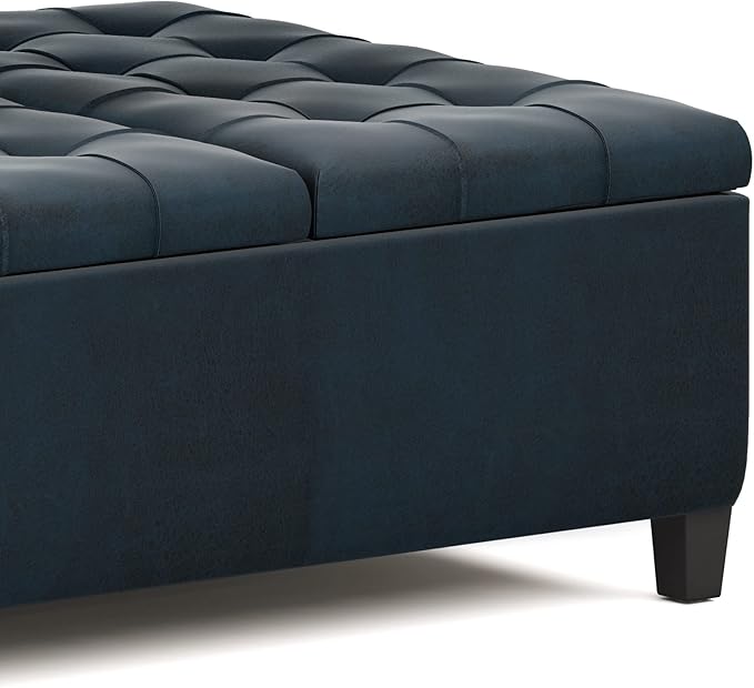 SIMPLIHOME Harrison Coffee Table Storage Ottoman - 36 inch Wide Upholstered Vegan Leather Square Lift-Top Ottoman in Distressed Dark Blue, Transitional Ottoman for Living Room with Hidden Storage
