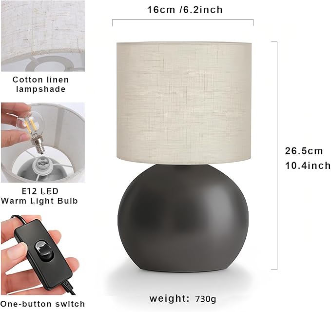 Modern Small Table Lamp Set of 2, Minimalist Nightstand Bedside Lamps with One-Button Inline Switch, 10.4 Inch Desk Light for Bedroom, Living Room,Including Light Bulb（Black）