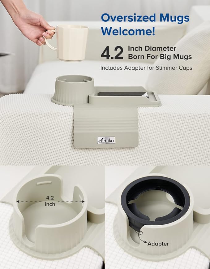 Couch Cup Holder Tray, Elimiko Silicone Sofa Drink Holder with Large Cup Holder and Tray, for Oversized Mugs/Long Remote/Snacks/Cellphone (Griege)